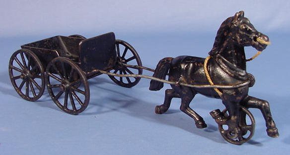 Cast Iron Toy Horse Drawn Cart, 12 1/2"