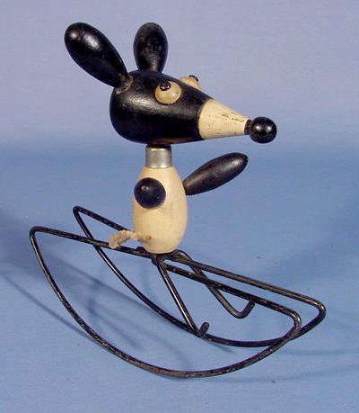 Old Jointed Wood Mouse Figure on Rocking Base