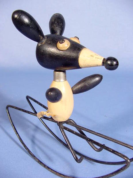 Old Jointed Wood Mouse Figure on Rocking Base - 2