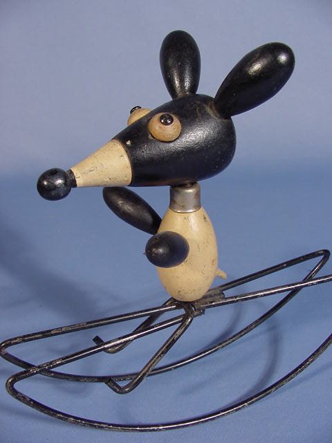 Old Jointed Wood Mouse Figure on Rocking Base - 3