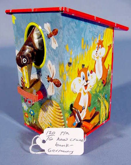 German LB2 Tin Animated Coin Bank With Bird