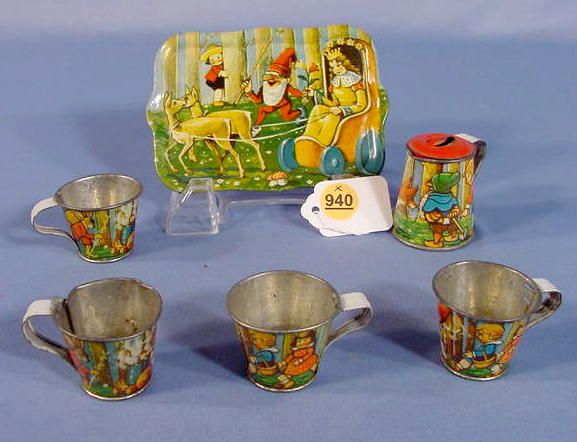 Tin Litho Toy Dishes w/Elves, Children & Animals