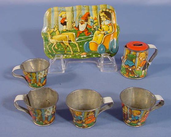 Tin Litho Toy Dishes w/Elves, Children & Animals - 3