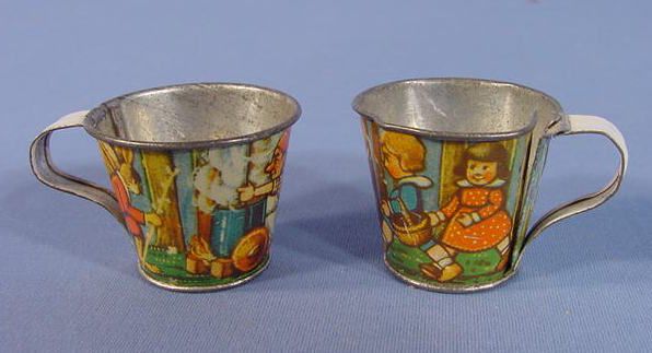 Tin Litho Toy Dishes w/Elves, Children & Animals - 6