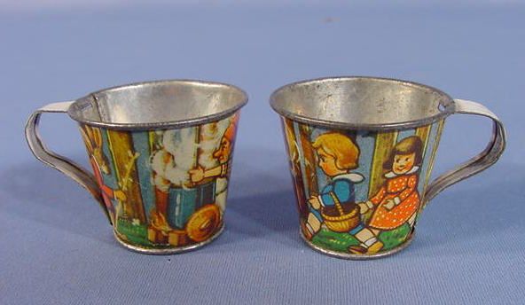 Tin Litho Toy Dishes w/Elves, Children & Animals - 7