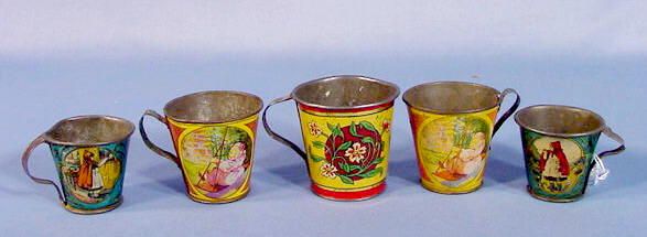 5 Tin Litho Toy Cups in Various Designs