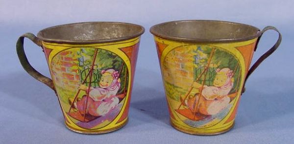 5 Tin Litho Toy Cups in Various Designs - 4