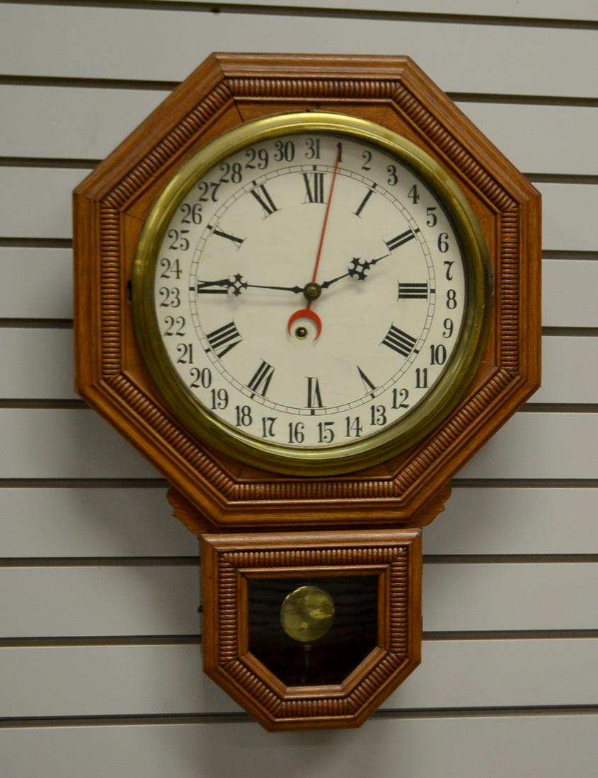Ingraham Oak Short Drop Calendar Clock. T/O, unsigned (1 of 2)