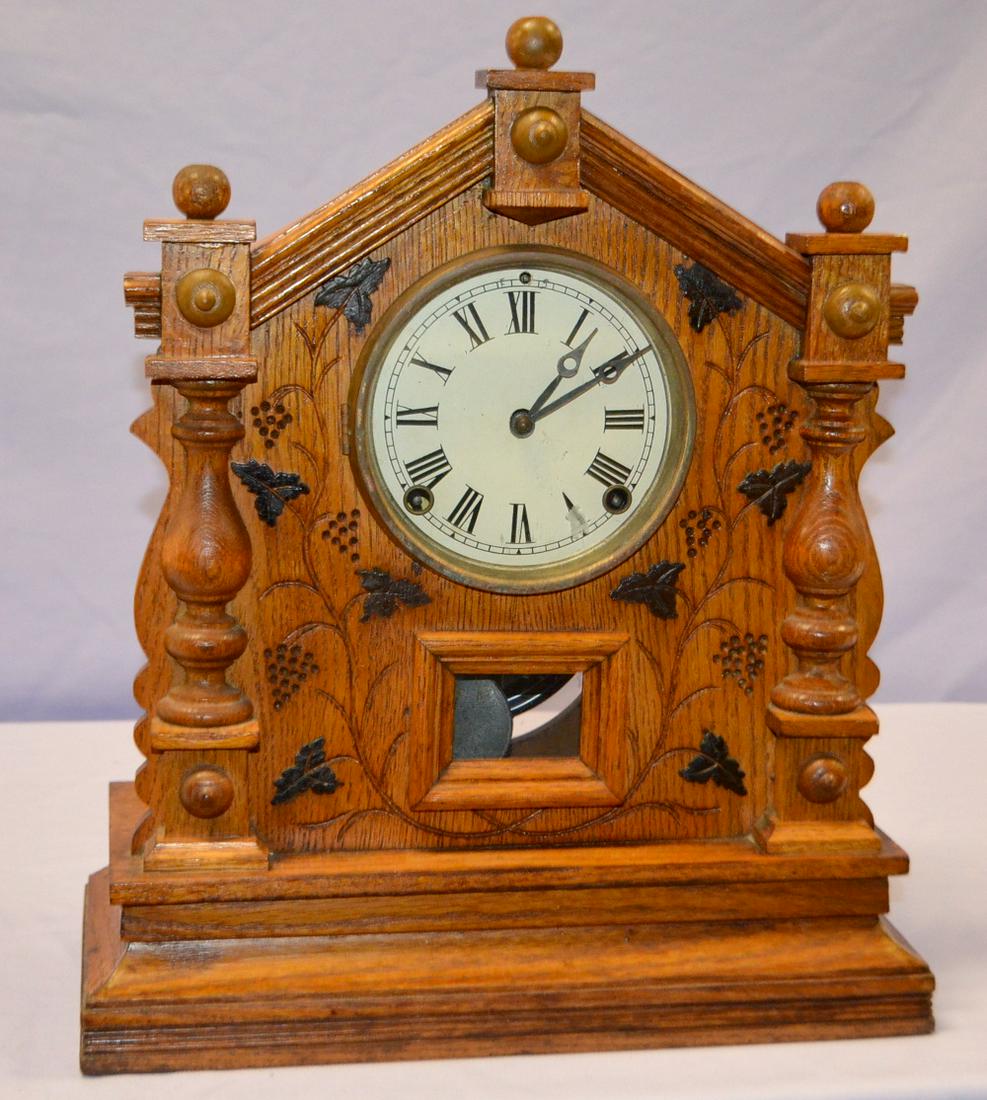 Antique Oak Grape Carved Cabinet Clock: T & S; (1 of 2)
