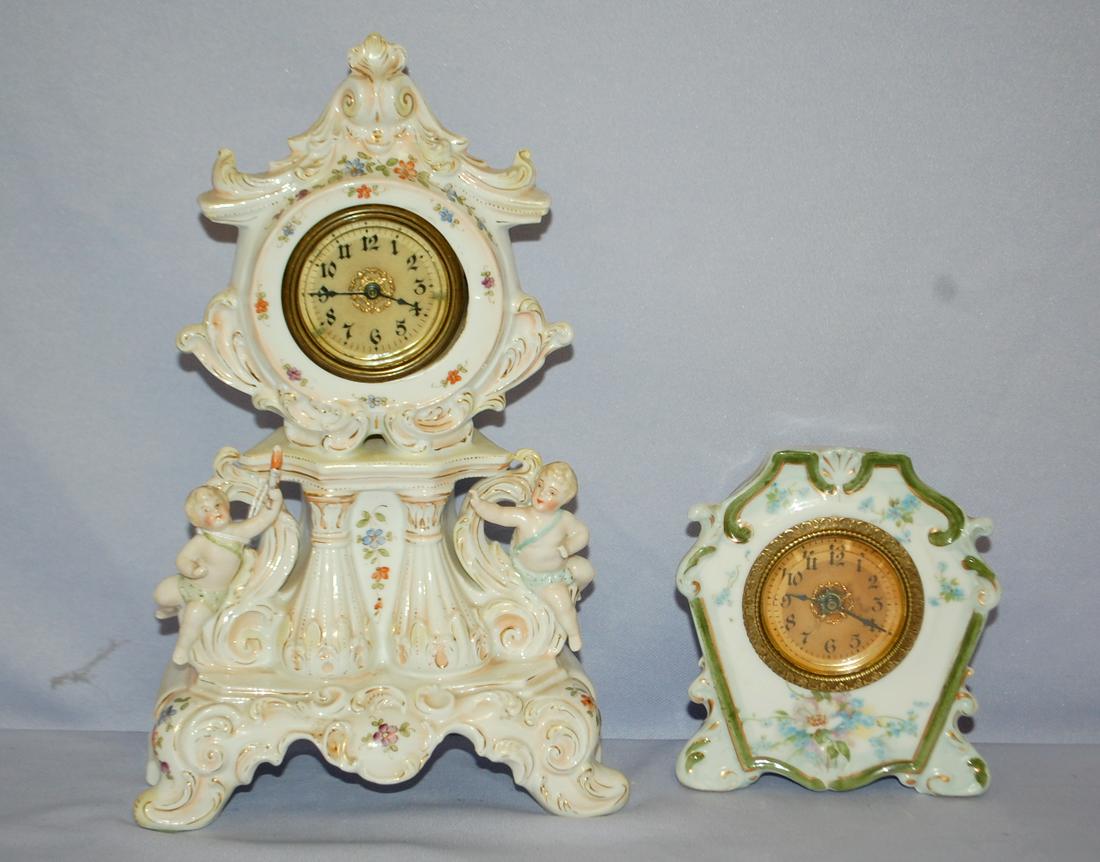 2 Miniature Porcelain Clocks, Cherub & Floral Cases: 1) (1 of 3)