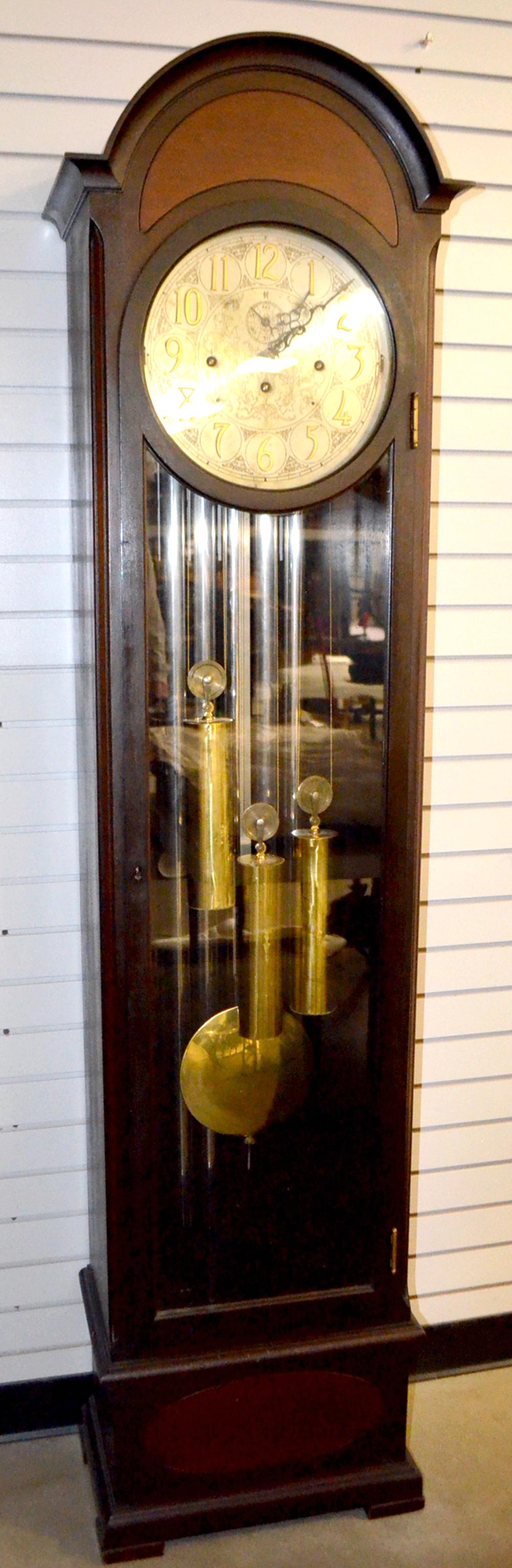 Herschedes 5 Tube Chiming Tall Case. T&S and chimes;: Herschedes 5 Tube Chiming Tall Case. T&S and chimes; signed engraved metal dial with seconds bit and applied numerals, has pendulum; 3 weights, 5 tubes; signed movement. Not tested. **F.O.B- Freight O