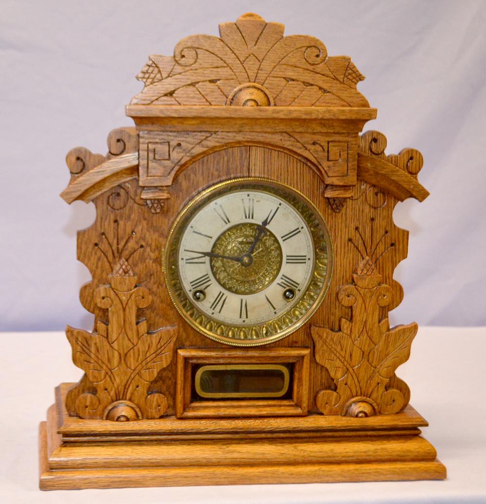 Antique Ingraham Oak Cabinet Clock: T & S; 5" signed (1 of 3)