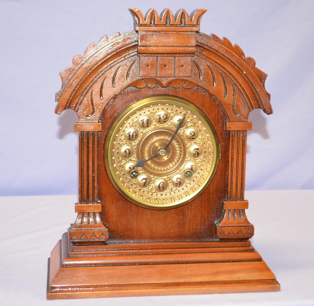 Ansonia Oak "Tunis" Cabinet Clock: T&S, embossed metal (1 of 3)