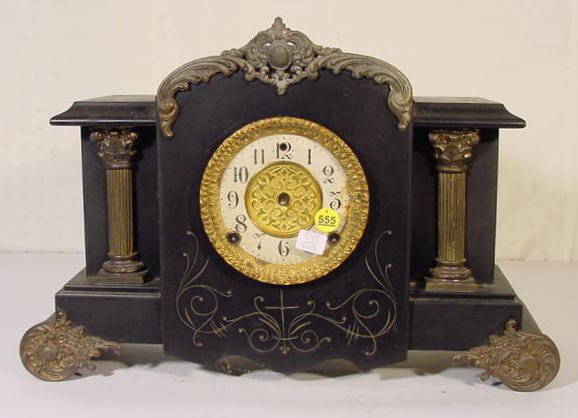 Gilbert Wood Mantel Clock w/Metal Ornaments