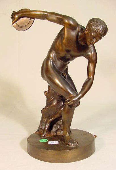 Bronze Figure of a Discus Thrower: Bronze Figure of a Discus Thrower: this unsigned figure is attached to the base with handmade bolts and nuts. No condition problems. 13" tall We do not accept paypal, checks, money orders or wire tran