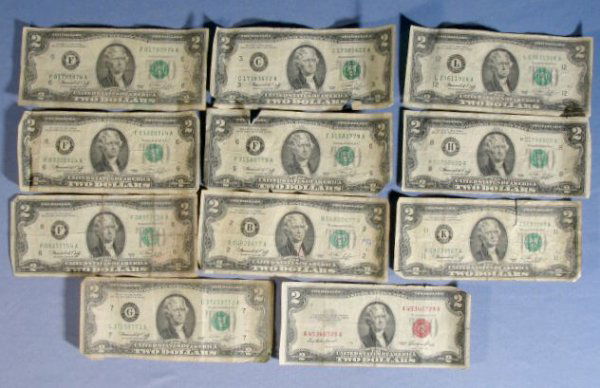 Lot of 10 1976 & 1 1953 Two Dollar Bills: Lot of 10 1976 & 1 1953 Two Dollar Bills (None in mint condition, rolled, creased and some have tears.) 6" x 2 5/8". We do not accept paypal, checks, money orders or wire transfers. We accept Masterca