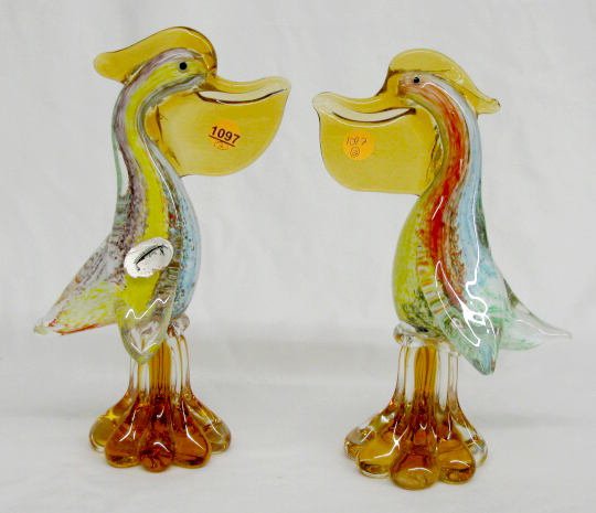 2 Elaborate J.I. Co. Murano Glass Pelicans