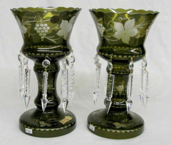 Pair Czech Republic Mantle Lusters w/Prisms: Pair Czech Republic Mantle Lusters w/Prisms: olive green to clear with grape designs. Not antique. Labels are in place. No condition problems. 10 1/4" tall.qq All Items Sell As Is, Where Is, No Return