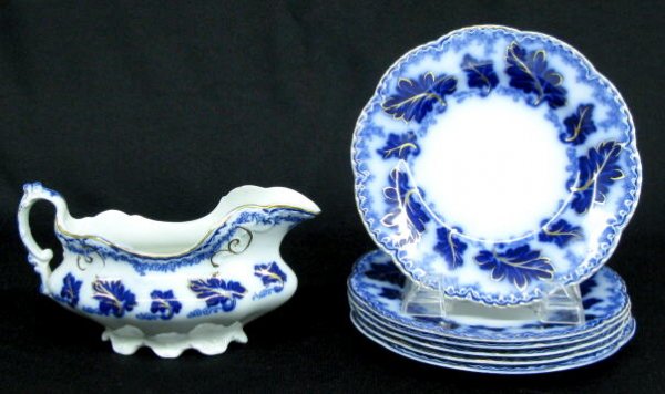 Flow Blue Normandy Gravy Boat & 6 Plates
