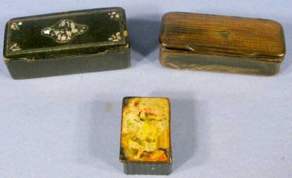 Group of 3 Snuff Boxes: Paper Mache & Horn