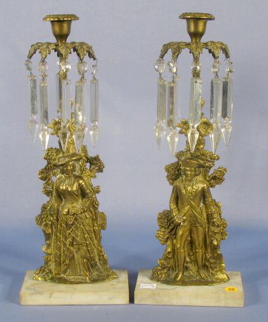 Pair of Cast Brass & Marble Girandoles w/Prisms