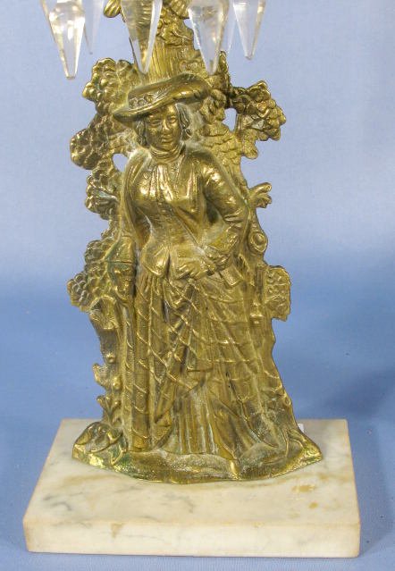 Pair of Cast Brass & Marble Girandoles w/Prisms - 3