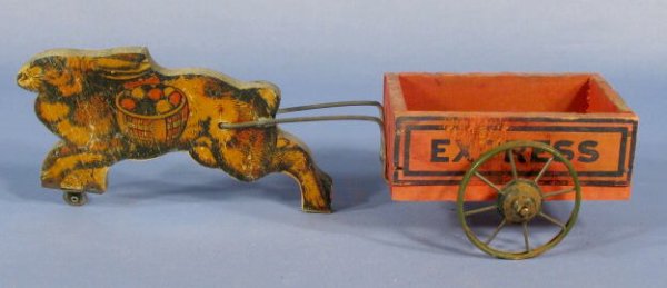 Wood Lithograph "Express" Wagon Toy w/Rabbit