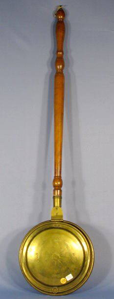 Brass Bed Warmer Pan w/Long Wood Carved Handle