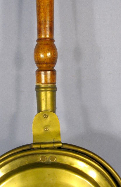 Brass Bed Warmer Pan w/Long Wood Carved Handle - 3