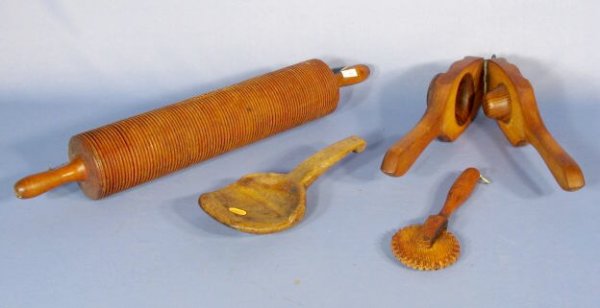 Group of 4 Wood Carved Primitive Kitchen Utensils