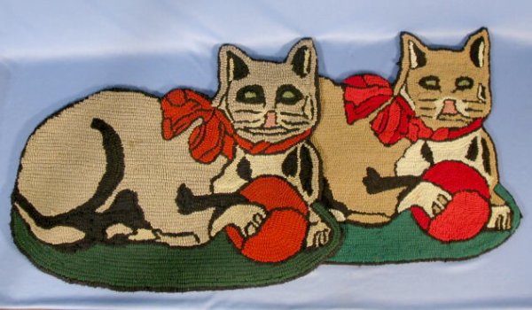 2 Vintage Hooked Rugs Reclining Cat w/Ball