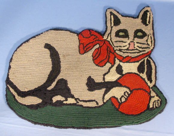 2 Vintage Hooked Rugs Reclining Cat w/Ball - 2
