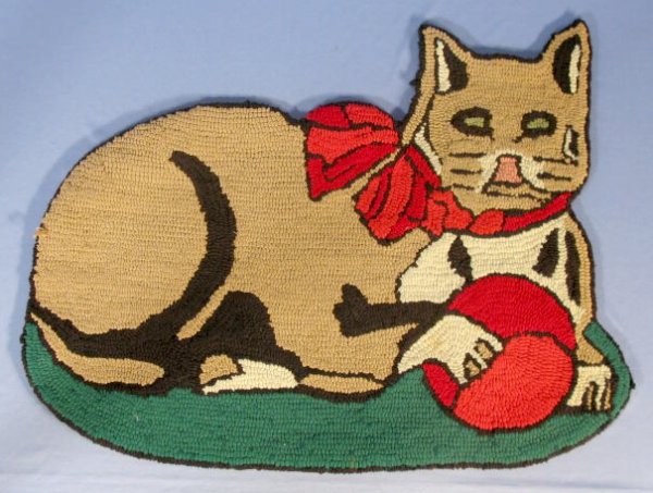 2 Vintage Hooked Rugs Reclining Cat w/Ball - 3