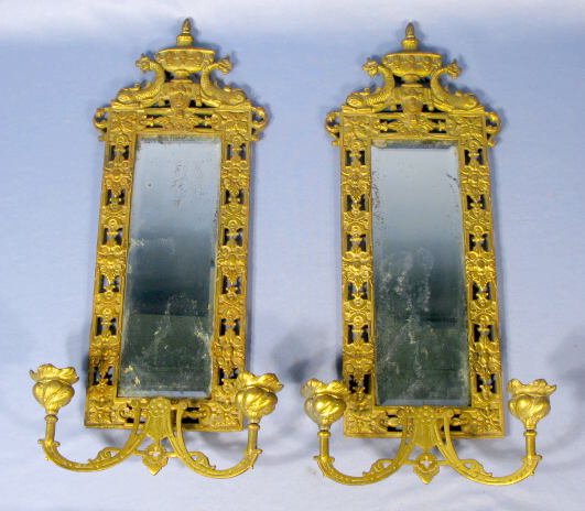 Pair Antique Brass Mirrored Wall Sconces