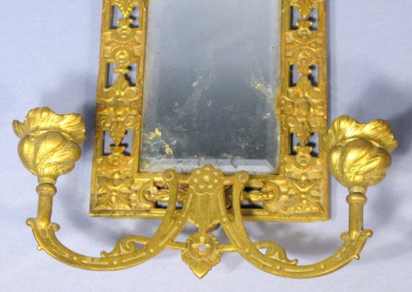 Pair Antique Brass Mirrored Wall Sconces - 3