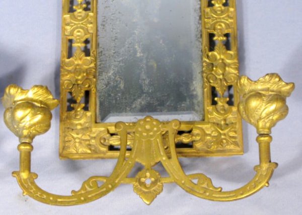 Pair Antique Brass Mirrored Wall Sconces - 5