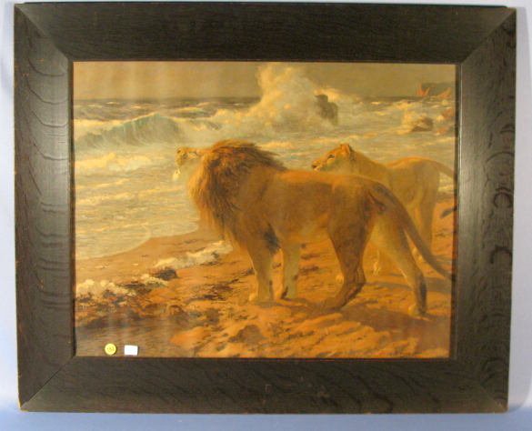 Hans Krause 1900 Signed Print of Lion & Lioness