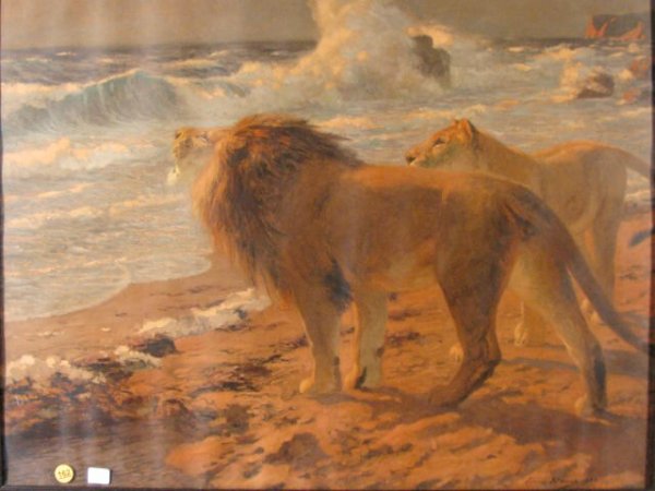 Hans Krause 1900 Signed Print of Lion & Lioness - 2
