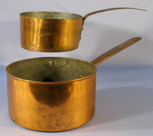 Pair of Copper Over Brass Graduated Cooking Pots