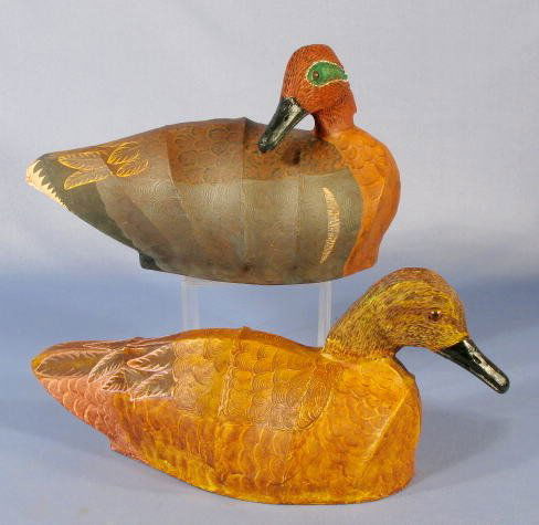 Pr. 1980 Canvas Back Decoys by David Smith: Pr. 1980 Canvas Back Decoys by David Smith: signed David Smith 8-8-80. Green winged Teal Drake and hen. No condition problems. 12 1/2" x 10 1/2". All items sell As Is, Where Is, no guarantees of any k