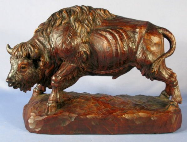 Signed Wood Carved Buffalo Bull