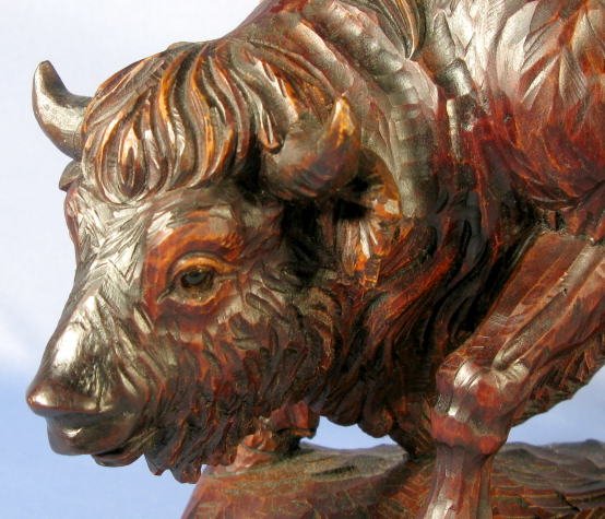Signed Wood Carved Buffalo Bull - 2
