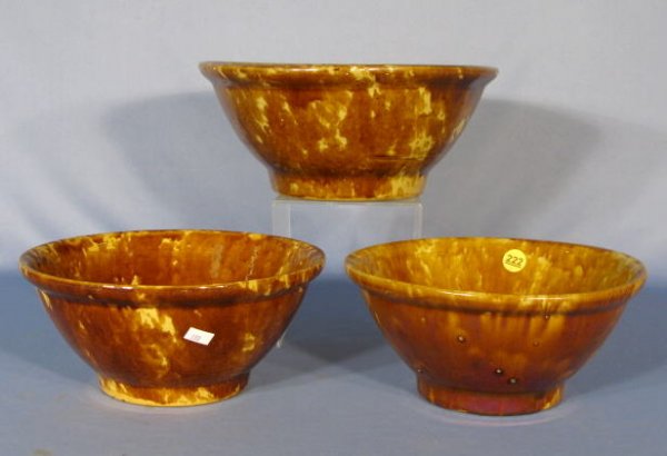 3 Rockingham Glazed Yellow Ware Mixing Bowls