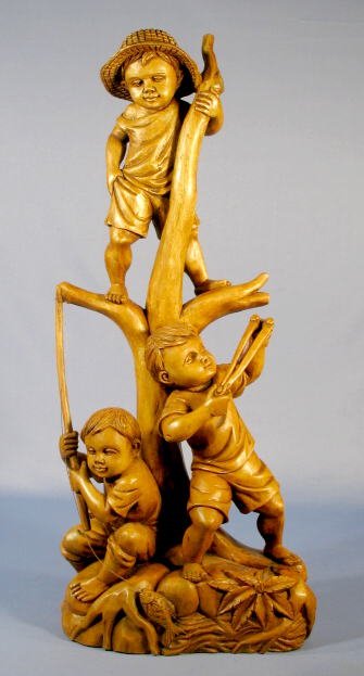 Wood Carved Grouping of 3 Boys Fishing