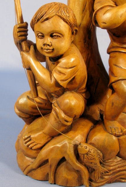 Wood Carved Grouping of 3 Boys Fishing - 3