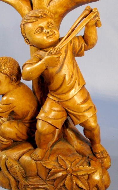Wood Carved Grouping of 3 Boys Fishing - 4