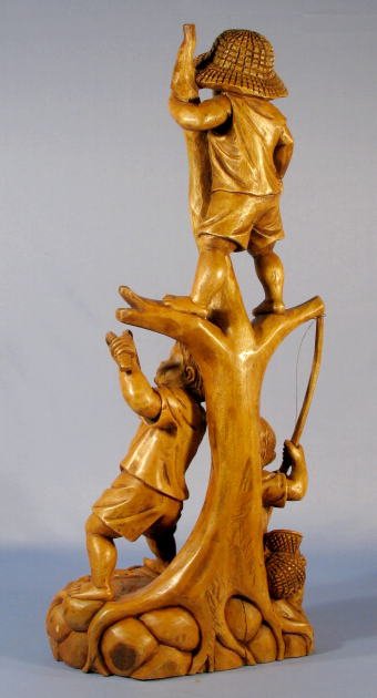 Wood Carved Grouping of 3 Boys Fishing - 6