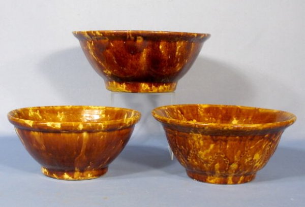 3 Rockingham Glazed Yellow Ware Mixing Bowls