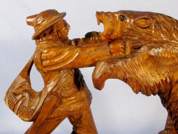 Wood Carved Hunter w/Bear - 2