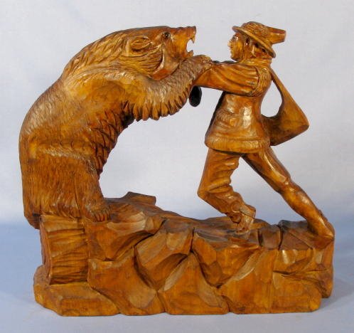 Wood Carved Hunter w/Bear - 3
